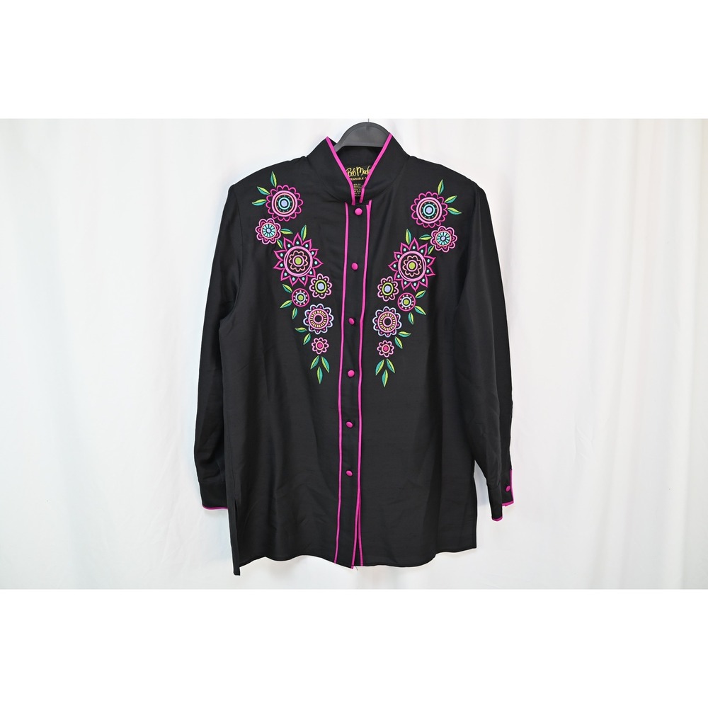 Bob Mackie Wearable Art Silk Embroidered Button Down Shirt Black Pink Medium NWT